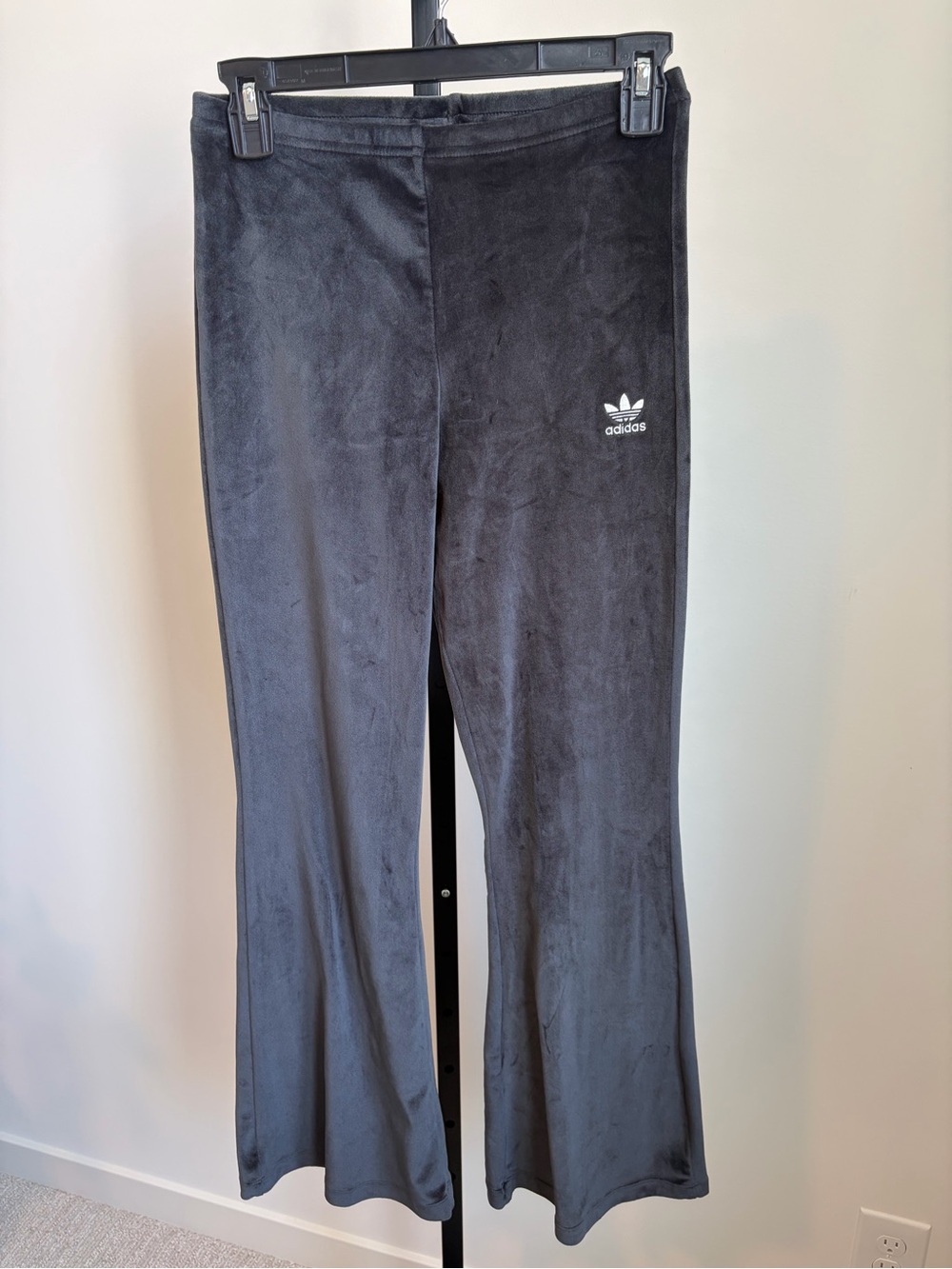Adidas Originals Black Velvet Flare Pants Girls Large 14-16 Trefoil Logo Y2K